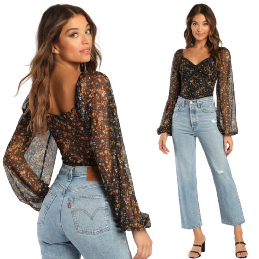 Lulu's Women's Sweet Beauty Black Floral Print Knot-Front Bodysuit Size Medium